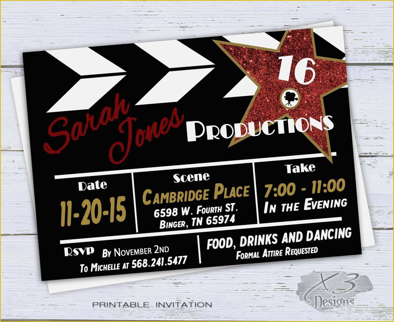 Hollywood themed Invitations Free Templates Of Sweet 16 Birthday Invitation Printable 50th Birthday