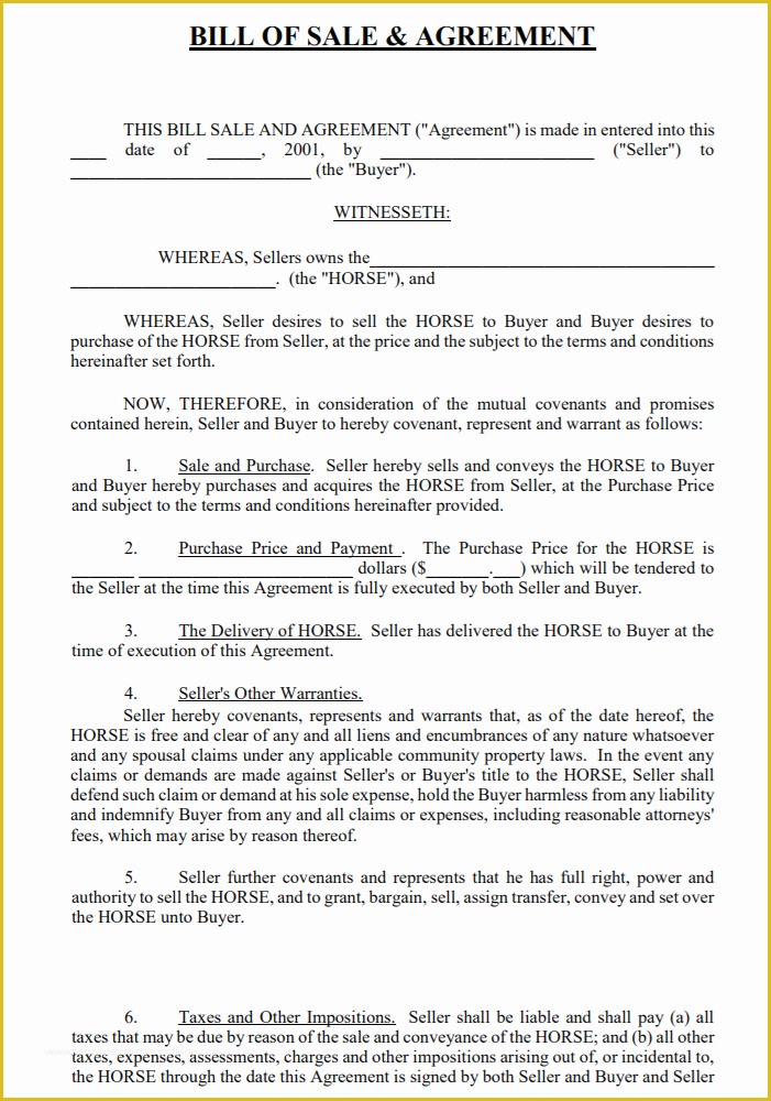 Horse Bill Of Sale Template Free Of Free California Horse Bill Of Sale & Agreement Template