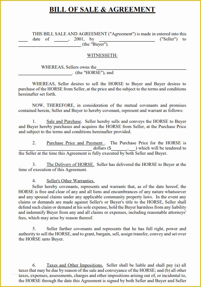 Horse Bill Of Sale Template Free Of Free California Horse Bill Of Sale &amp; Agreement Template