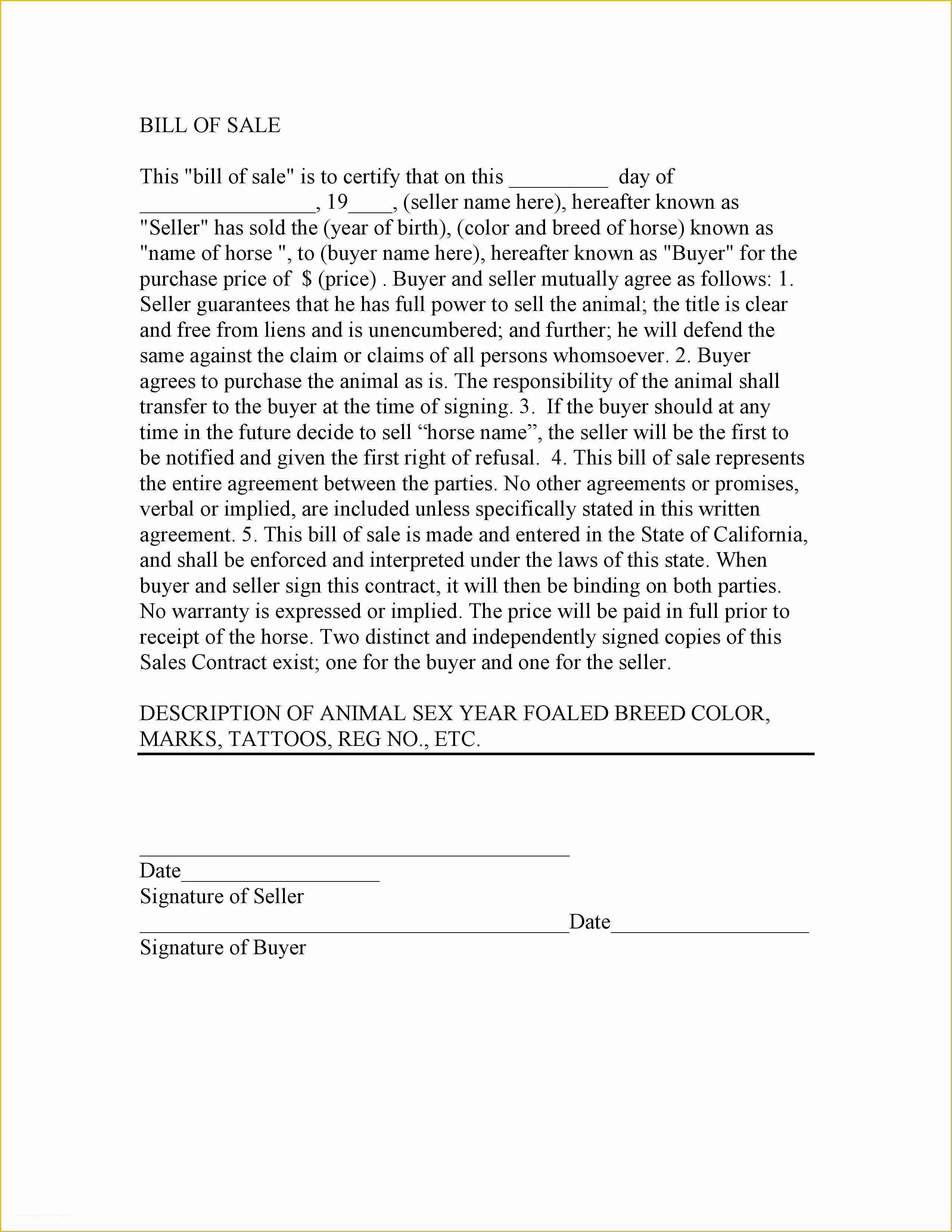 Horse Bill Of Sale Template Free Of Free California Horse Bill Of Sale Template Pdf