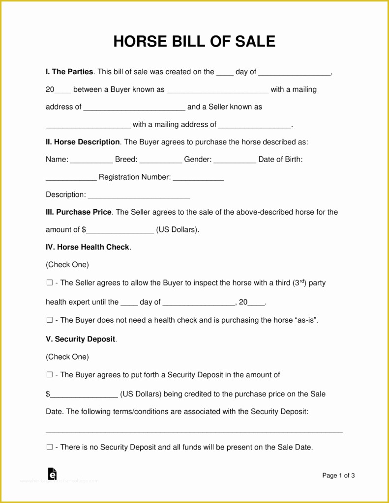 Horse Bill Of Sale Template Free Of Free Horse Bill Of Sale form Pdf Word