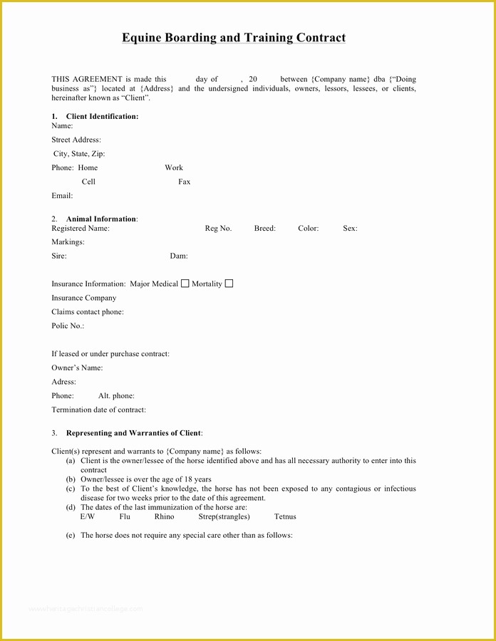 Horse Boarding Contract Template Free Of Equine Boarding and Training Contract In Word and Pdf formats