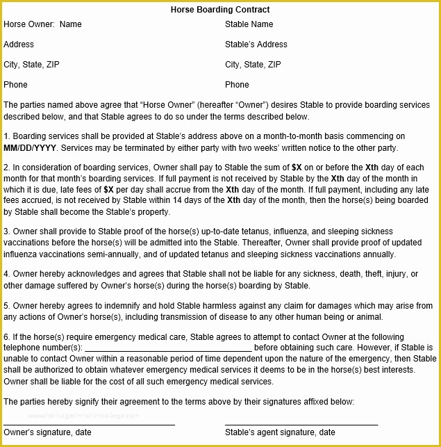 Horse Boarding Contract Template Free Of Horse Boarding Contract Template