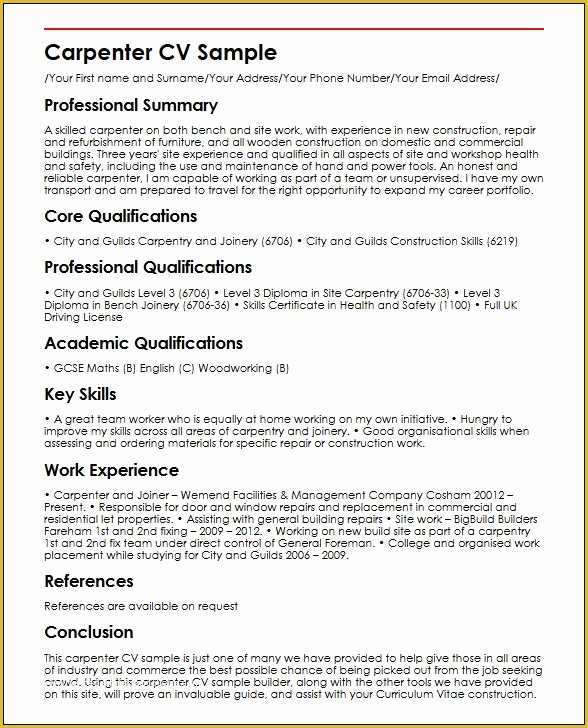 How to Write A Cv Template Free Of Carpenter Cv Sample