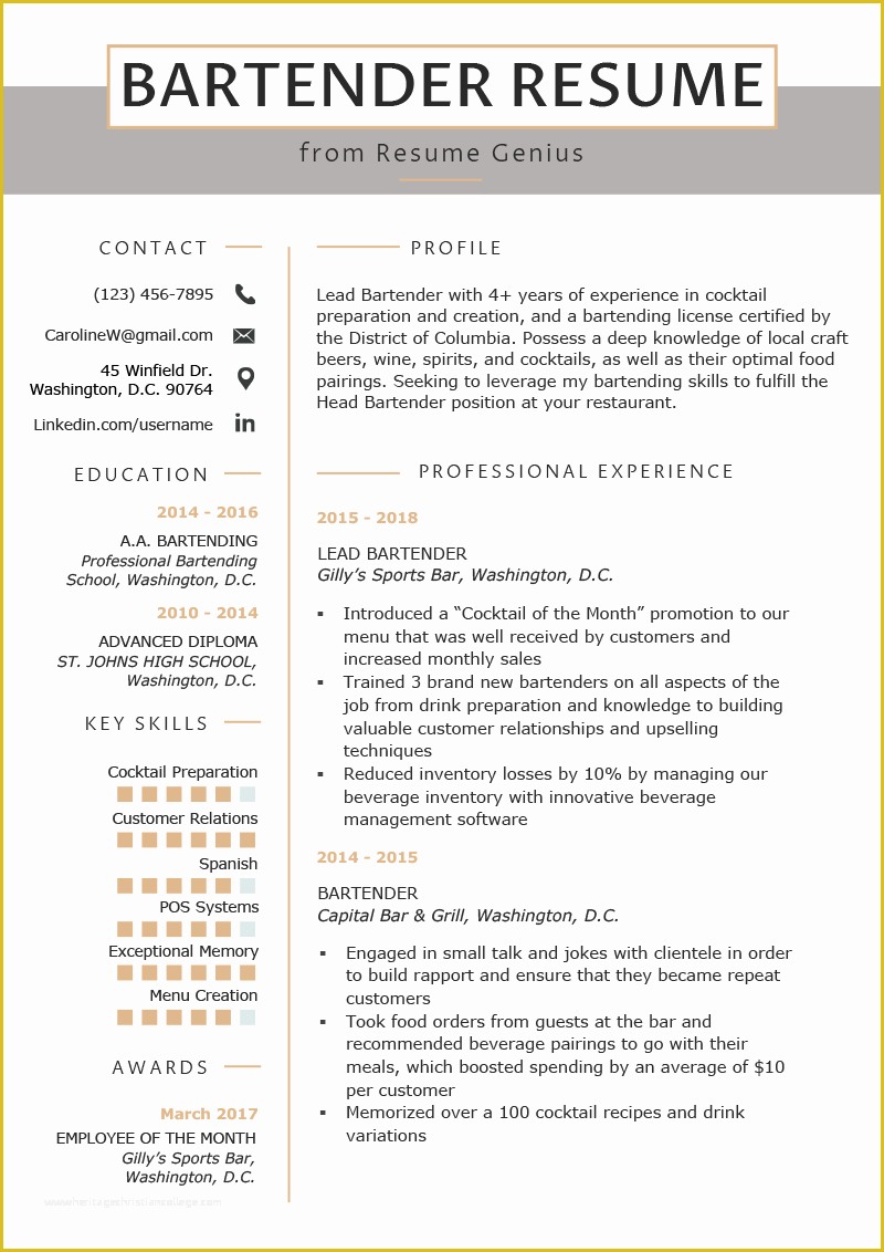 How to Write A Resume Template Free Of Bartender Resume Example & Writing Guide
