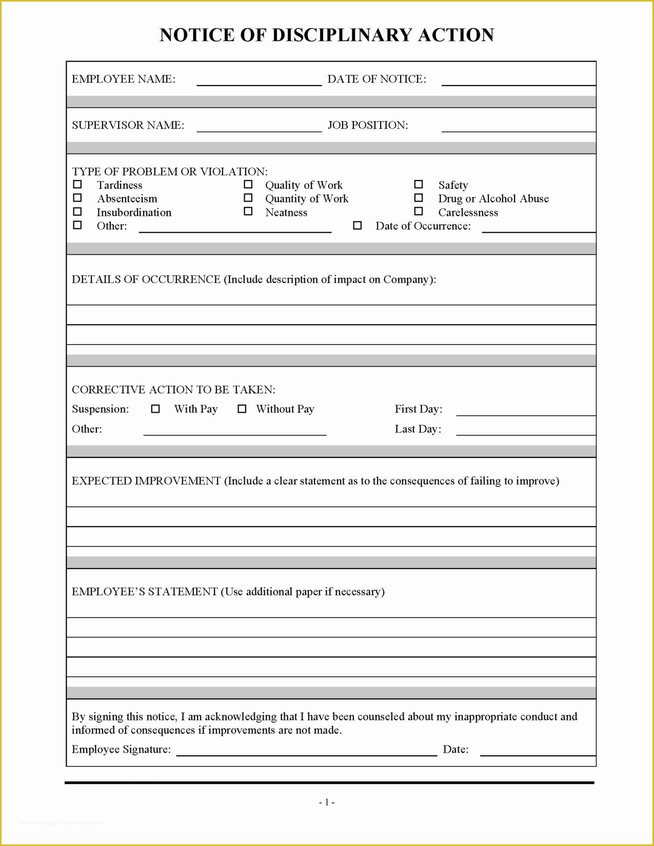 Hr Documents Templates Free Of Employee Employee Disciplinary Action form