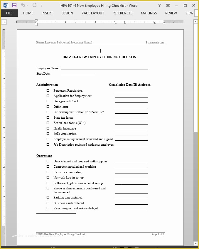 Hr Documents Templates Free Of New Employee Hiring Checklist Template