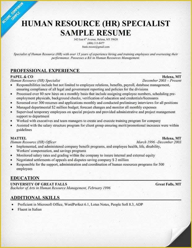 Hr Resume Templates Free Of Free Human Resource Hr Specialist Resume