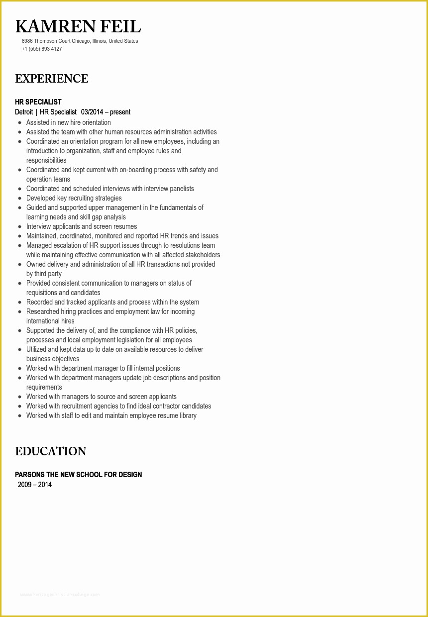 Hr Resume Templates Free Of Hr Specialist Resume Sample