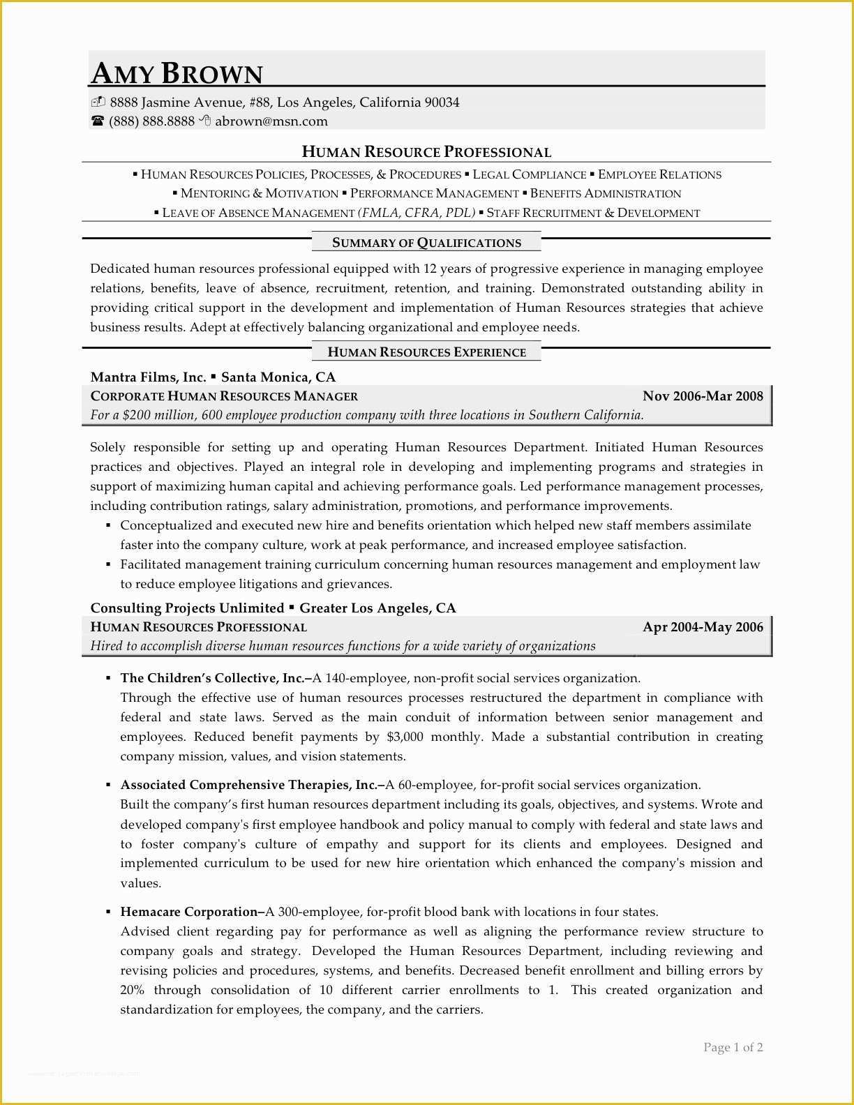 Hr Resume Templates Free Of Human Resources Resume Examples Resume Professional Writers