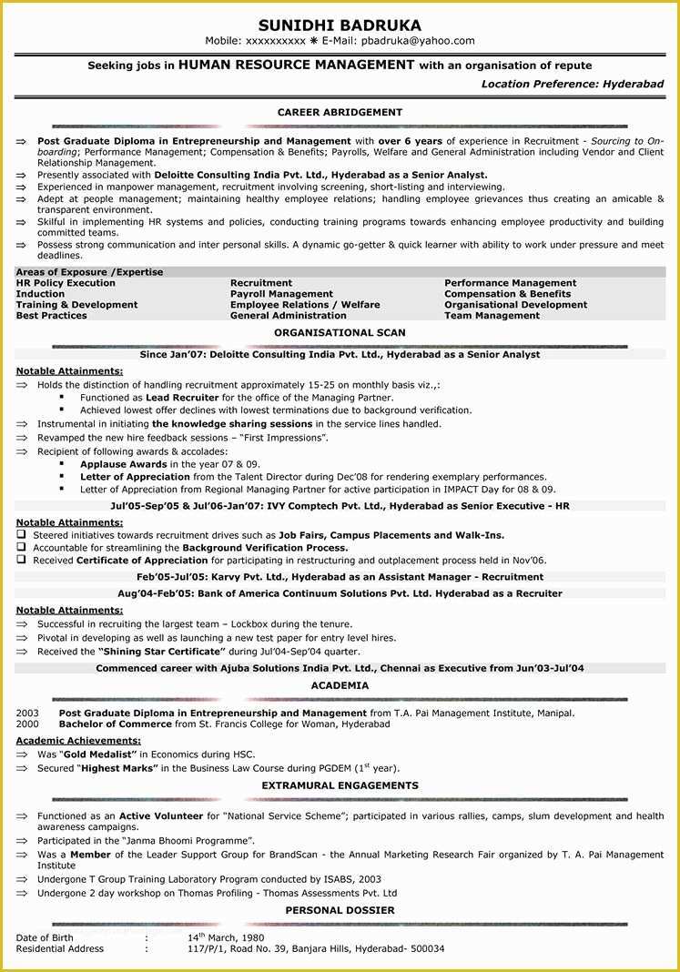 Hr Resume Templates Free Of Sample Hr Business Partner Resumes – Perfect Resume format