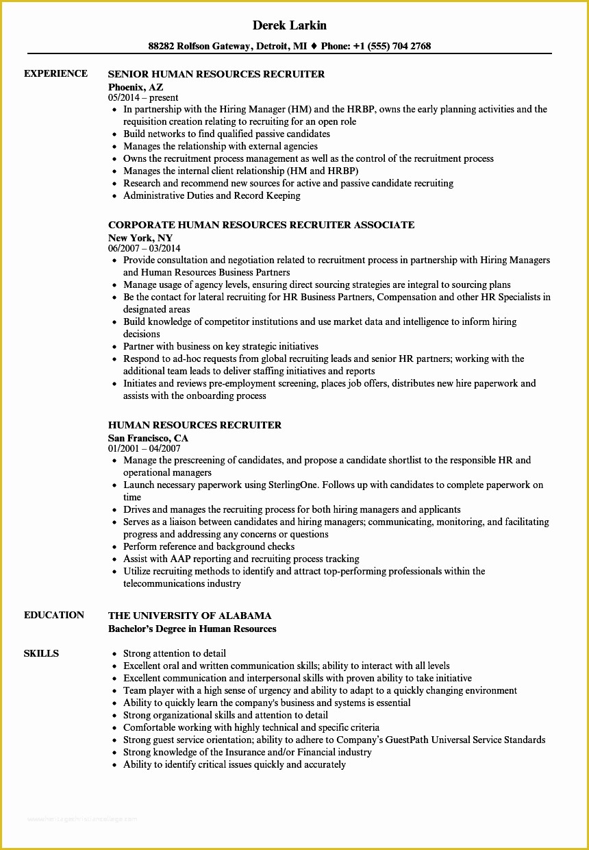 Hr Resume Templates Free Of Surprising Hr Recruiter Resume format Free Templates Word