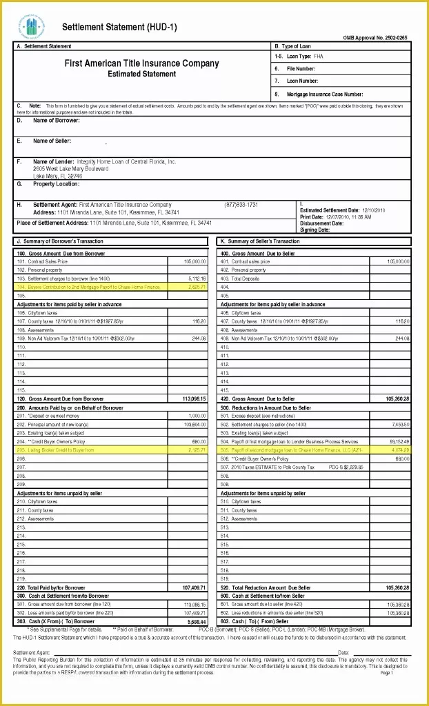 Hud Template Free Of Sample Hud 1 Settlement Statement Excel Template Example