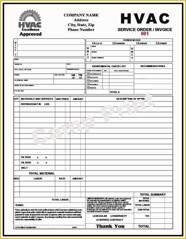 Hvac Service Invoice Template Free Of Hvac Service order Invoice 2 Part Carbonless