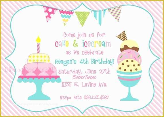 Ice Cream Birthday Invitation Template Free Of Cake and Ice Cream Birthday Party Invitation Digital File