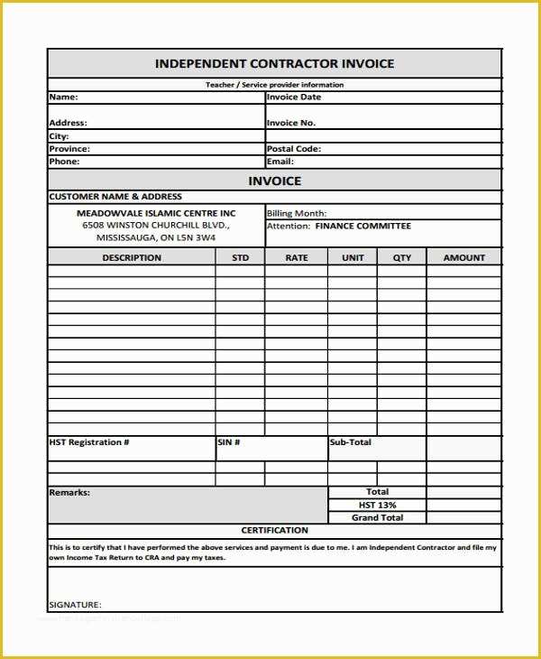Independent Contractor Invoice Template Free Of Contractor Invoice Template 7 Free Word Pdf format