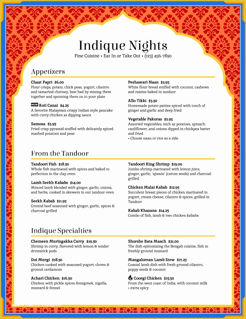 Indian Menu Template Free Of Imenupro · Pricing for Menu Design software