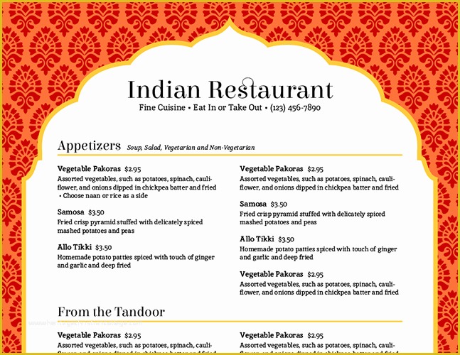 Indian Menu Template Free Of Imenupro — Cmyung