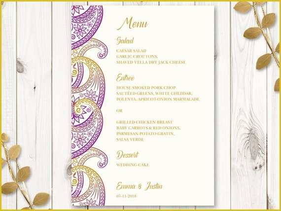 Indian Menu Template Free Of Indian Wedding Menu Template Paisley Purple and