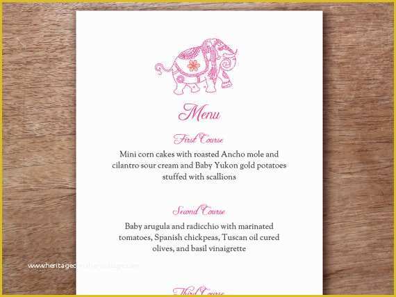 Indian Menu Template Free Of Pink Indian Elephant Printable Menu Template Wedding Menu