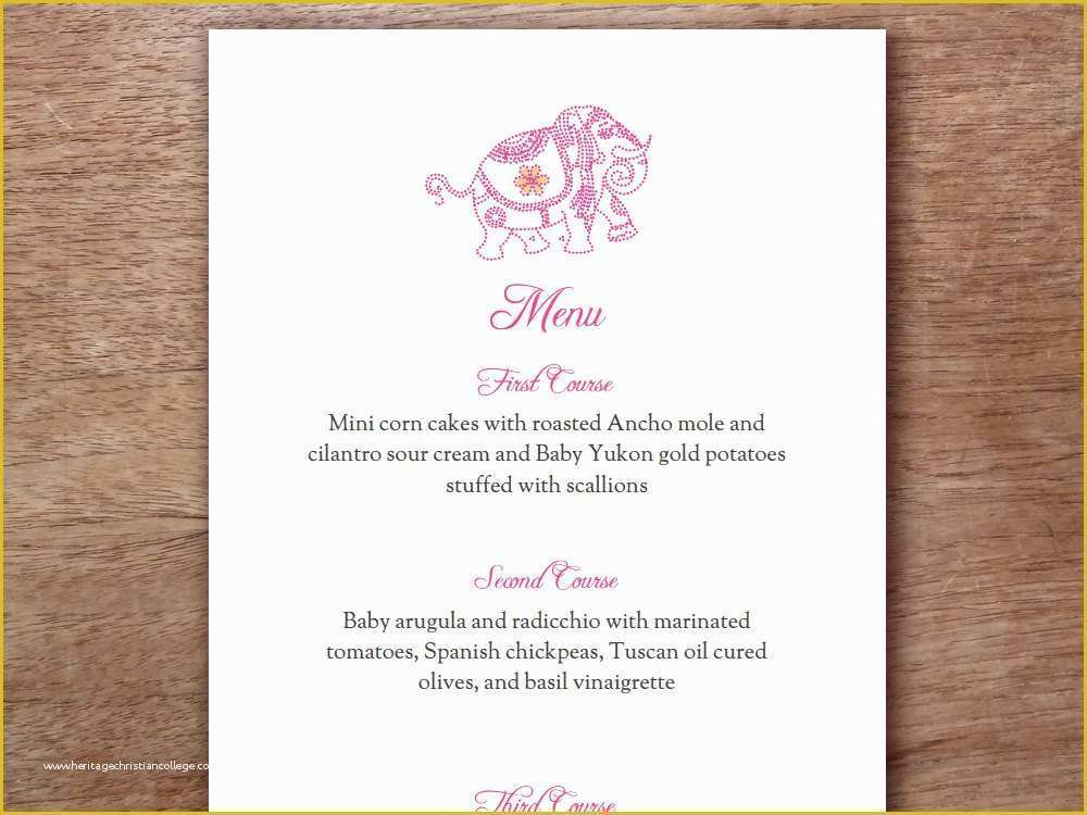 Indian Menu Template Free Of Pink Indian Elephant Printable Menu Template Wedding Menu