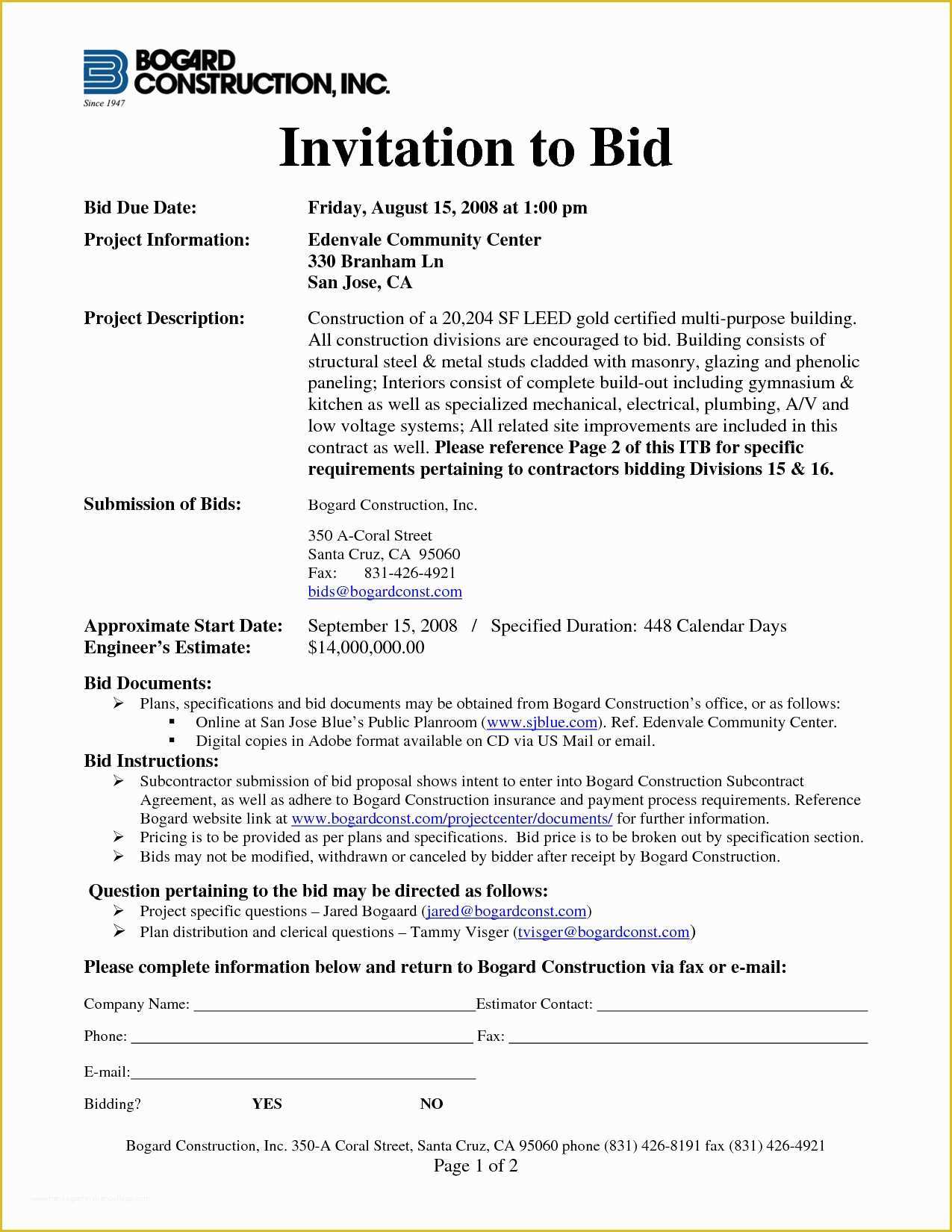 Invitation to Bid Template Free Of Construction Invitation to Bid Example Templates