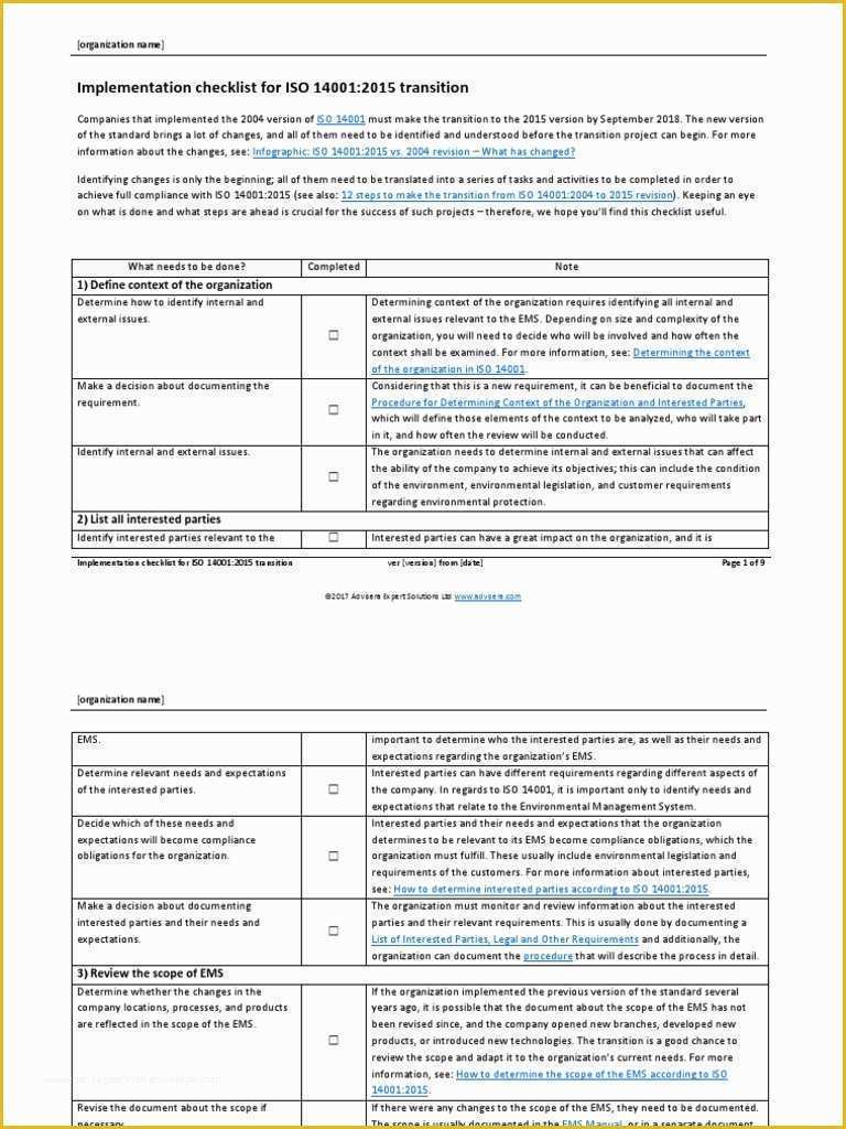 Iso 14001 2015 Template Free Download Of Implementation Checklist for iso 2015 Transition
