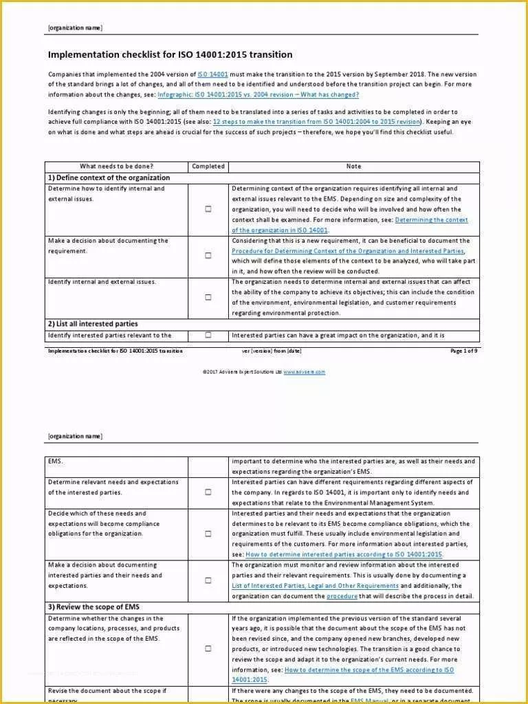 Iso 14001 2015 Template Free Download Of Implementation Checklist for iso 2015 Transition