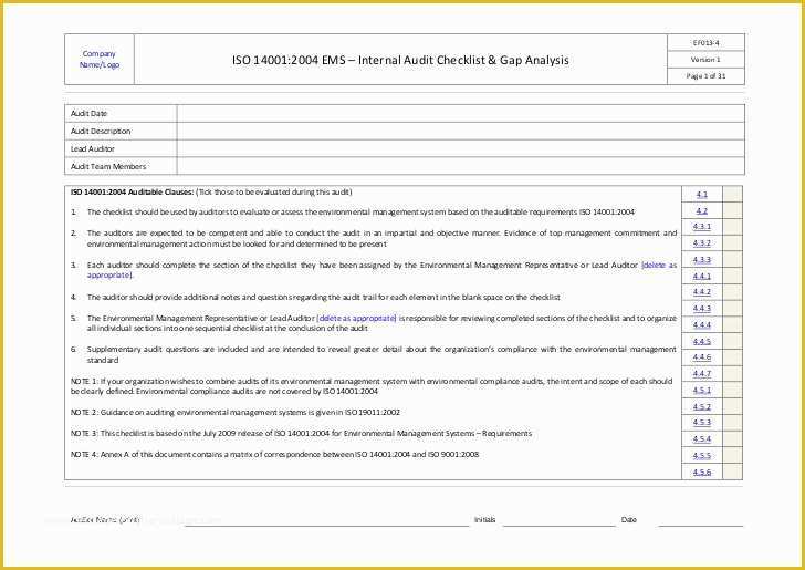 Iso 14001 2015 Template Free Download Of iso Ems Internal Audit Checklist Example Ok