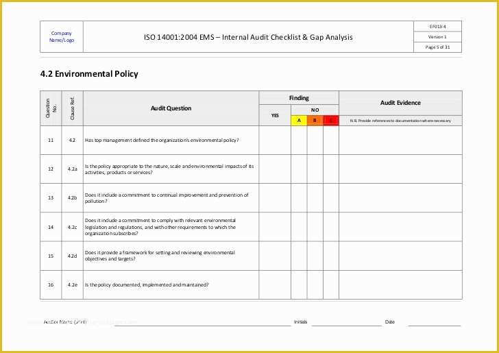 Iso 14001 2015 Template Free Download Of iso Ems Internal Audit Checklist Example Ok