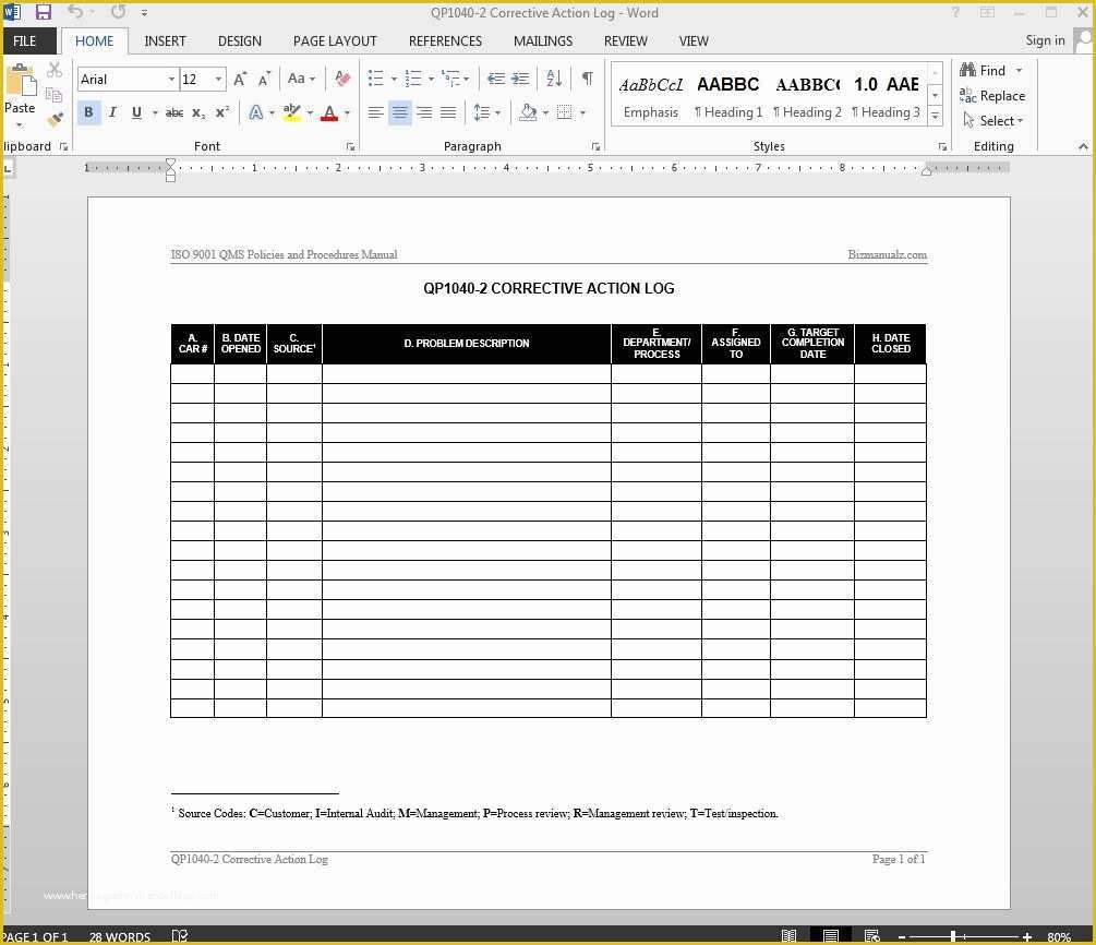 Iso 9001 forms Templates Free Of Corrective Action Log iso Template
