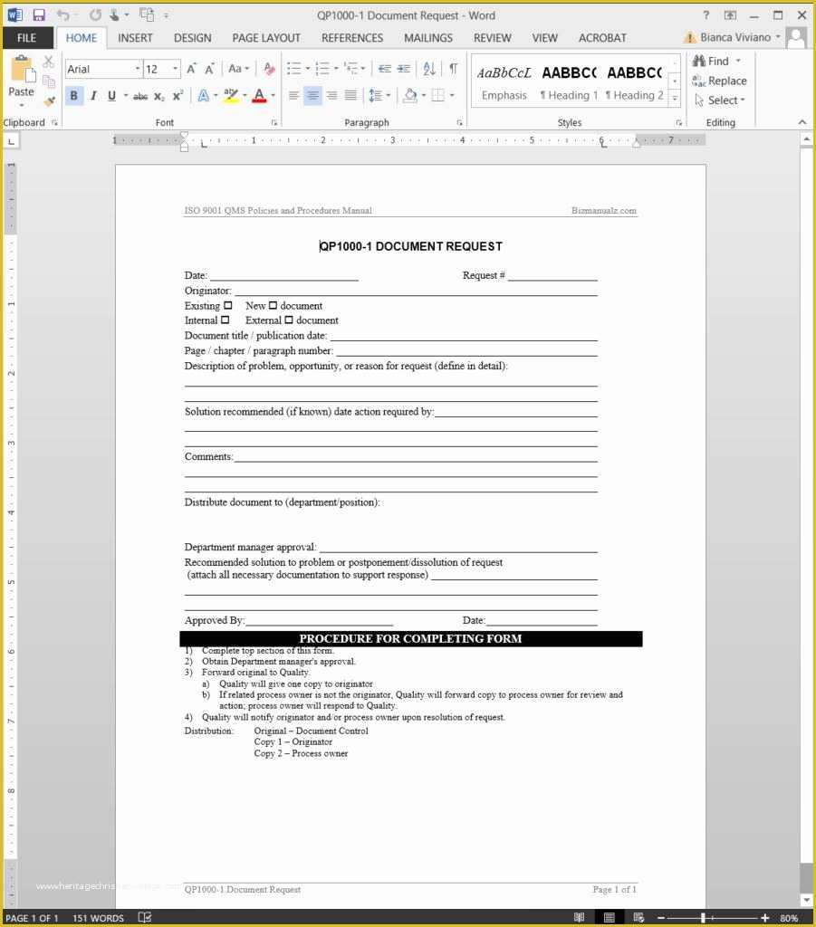 Iso 9001 forms Templates Free Of Document Request iso Template