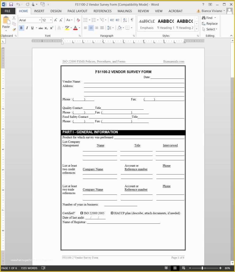 Iso 9001 forms Templates Free Of Fsms Vendor Survey form Template