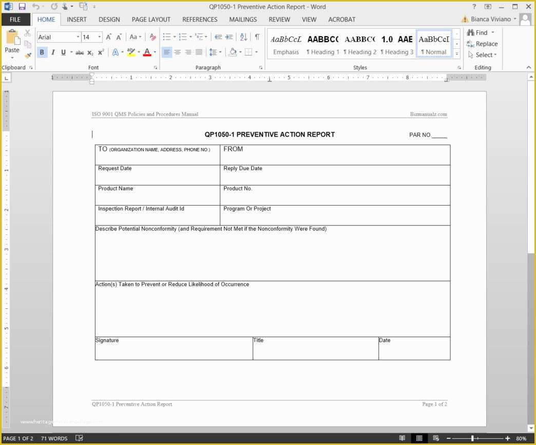 Iso 9001 forms Templates Free Of Preventive Action Report iso Template