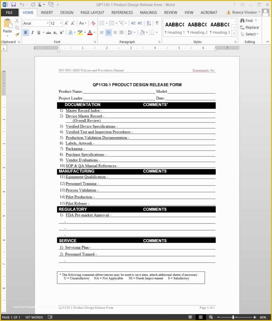 Iso 9001 forms Templates Free Of Product Design Release iso Template
