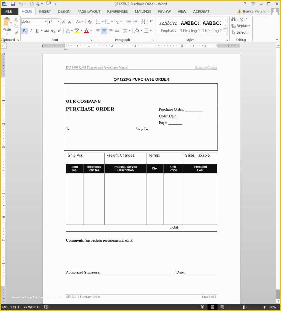 Iso 9001 forms Templates Free Of Purchase order iso Template