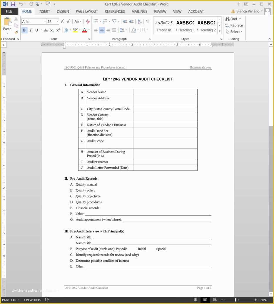 Iso 9001 forms Templates Free Of Vendor Audit Checklist iso Template