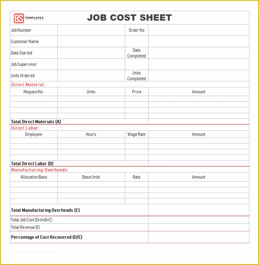 Job Costing Template Free Download Of Job Sheet