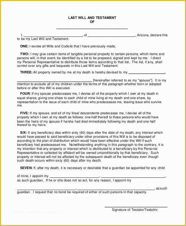 Last Will and Testament Arizona Template Free Of 7 Sample Last Will and Testament forms