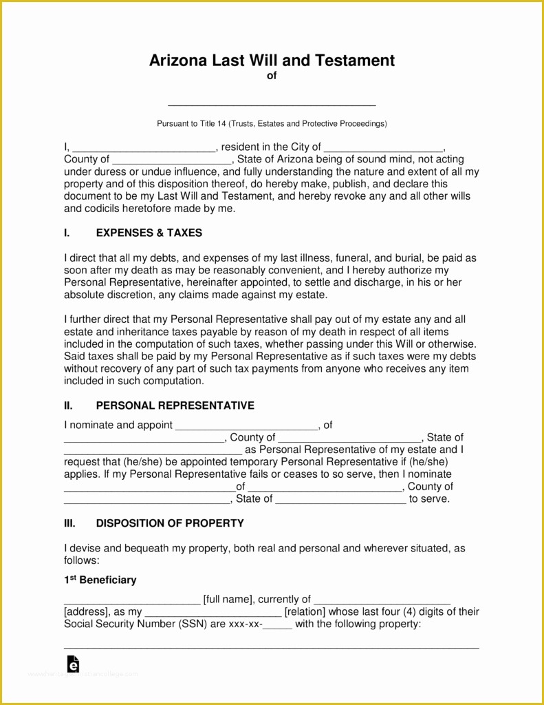 Last Will and Testament Arizona Template Free Of Free Arizona Last Will and Testament Template Pdf