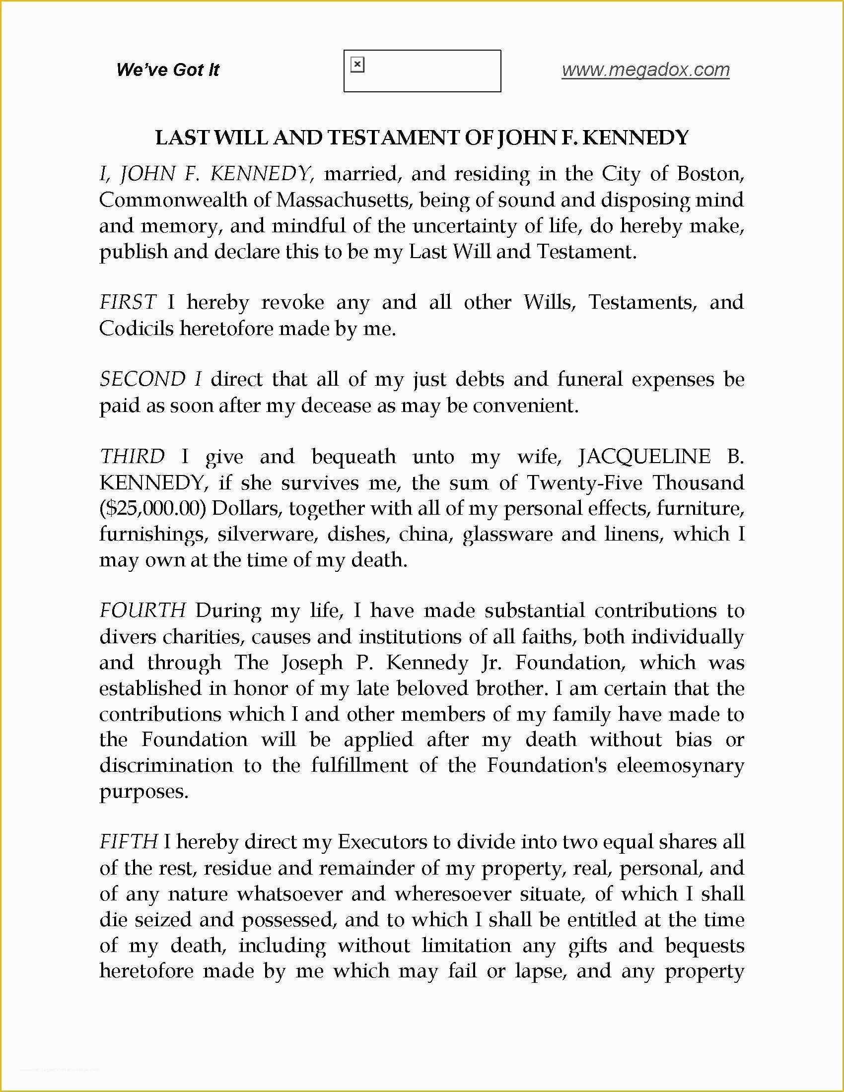 Last Will and Testament Arizona Template Free Of John Fitzgerald Kennedy Last Will and Testament