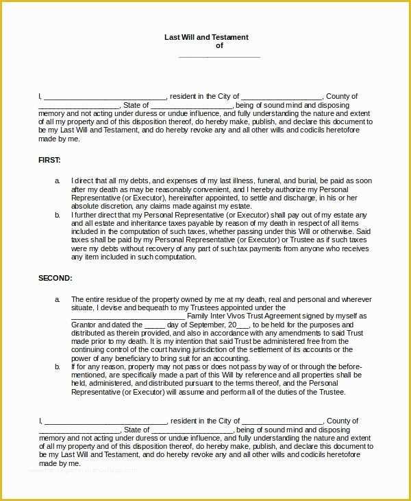 Last Will and Testament Free Template Of 7 Sample Last Will and Testament forms