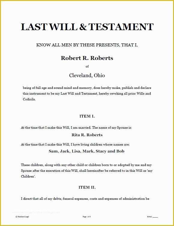 Last Will and Testament Free Template Of Printable Sample Last Will and Testament Template form