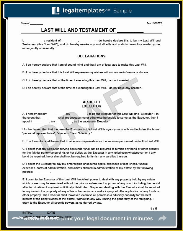 Last Will and Testament Free Template Of Sample Last Will and Testament form