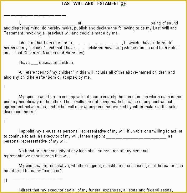 Last Will and Testament Free Template Single No Children Of Free Printable Last Will and Testament form Generic