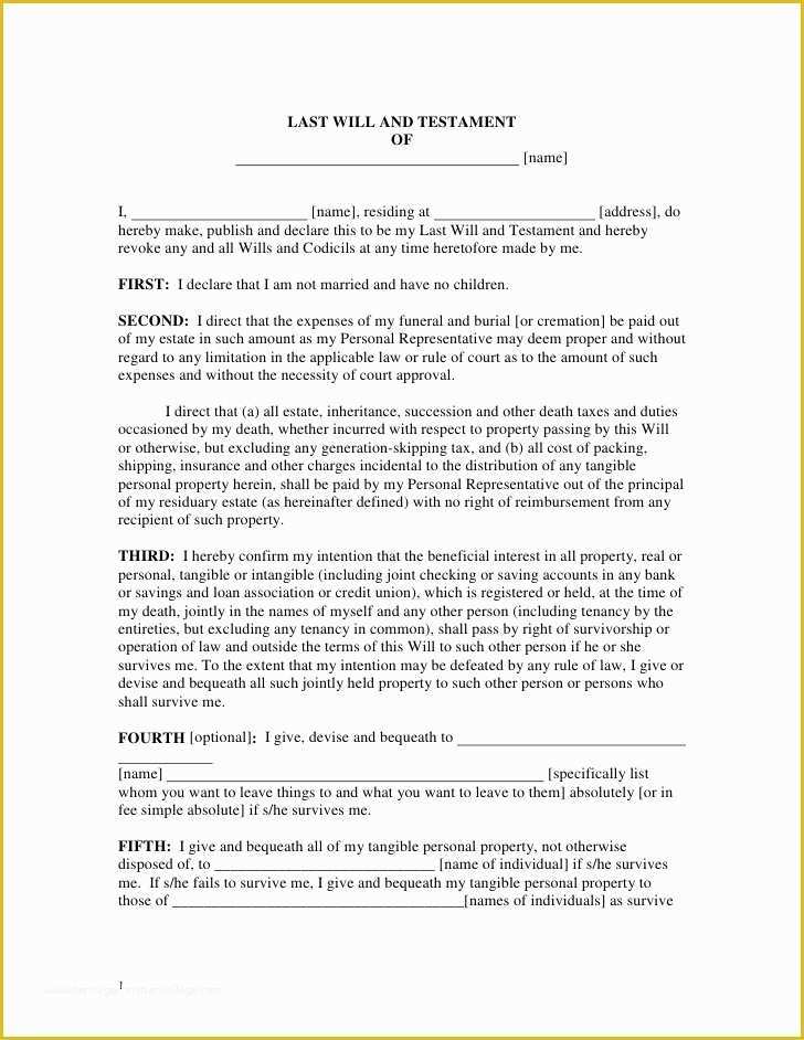 Last Will and Testament Free Template Single No Children Of Free Printable Last Will and Testament form Generic