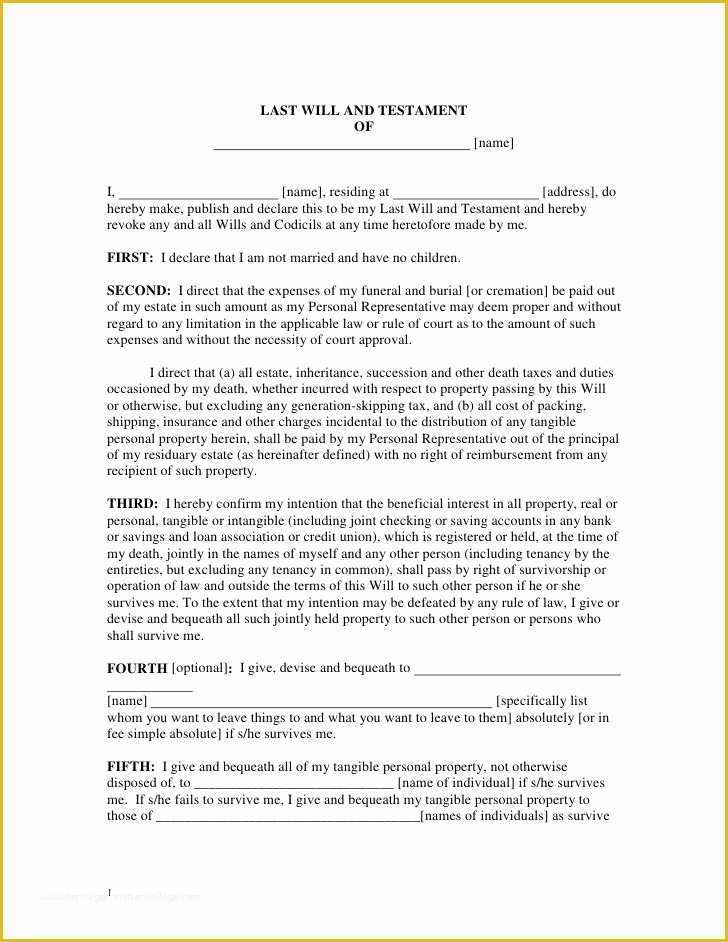 Last Will and Testament Free Template Single No Children Of Printable Sample Last Will and Testament form