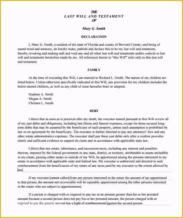 Last Will and Testament Free Template Single No Children Of Sample Will form – 13 Free Samples Examples format