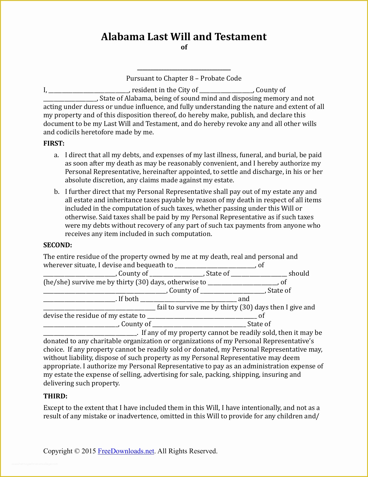 Last Will and Testament Free Template Tennessee Of Download Alabama Last Will and Testament form Pdf