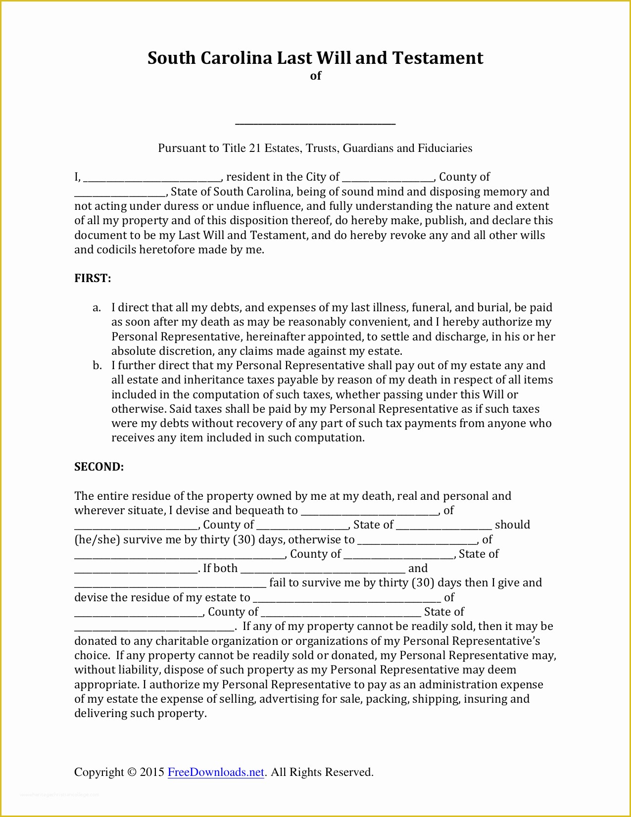 Last Will and Testament Free Template Tennessee Of Download south Carolina Last Will and Testament form